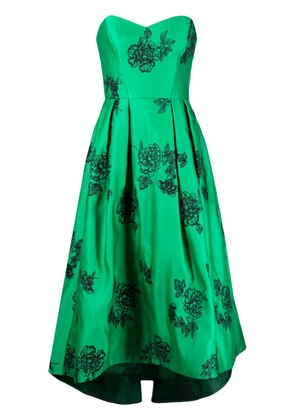 Marchesa Notte floral-embroidery strapless midi dress - Green