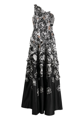 Marchesa Notte floral-appliqué one-shoulder dress - Black