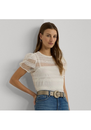 Lace-Trimmed Mesh Puff-Sleeve Blouse
