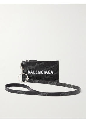 Balenciaga - Logo-Print Cross-Grain Leather Cardholder with Lanyard - Men - Gray