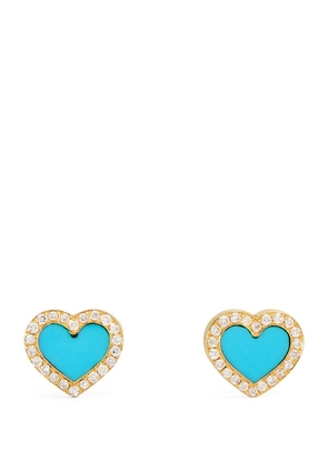 Jennifer Meyer Yellow Gold, Diamond And Turquoise Heart Earrings