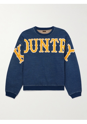 KAPITAL - Denim-Trimmed Logo-Print Cotton-Jersey Sweatshirt - Men - Blue - 3