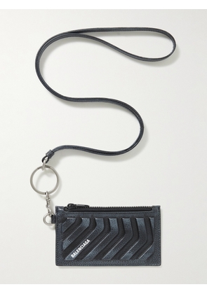 Balenciaga - Logo-Print Embossed Full-Grain Leather Cardholder with Lanyard - Men - Black