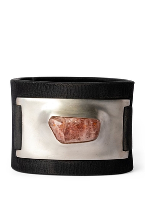 Parts Of Four Leather, Silver-Plated Brass And Sunstone Amulet Cuff Bracelet