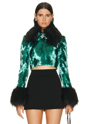 Alessandra Rich Faux Fur Cropped Jacket in Turquoise - Teal. Size 42 (also in ).