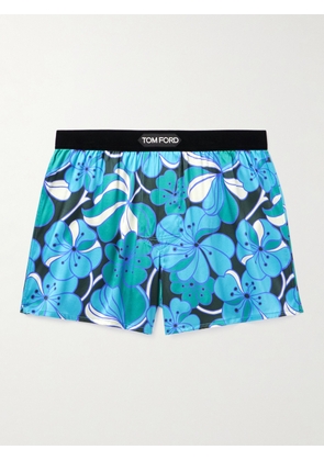 TOM FORD - Floral-Print Velvet-Trimmed Stretch-Silk Satin Boxer Shorts - Men - Blue - S