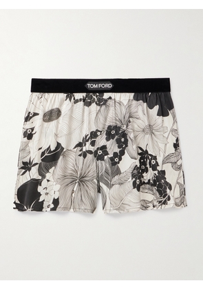 TOM FORD - Floral-Print Velvet-Trimmed Stretch-Silk Satin Boxer Shorts - Men - White - S