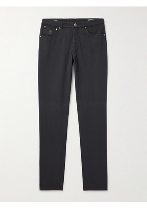 Brunello Cucinelli - Straight-Leg Logo-Embroidered Cotton-Gabardine Trousers - Men - Gray - IT 46
