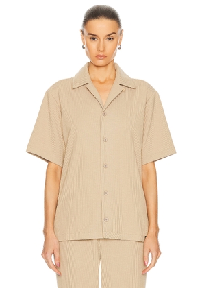 WAO Ribbed Knit Camp Shirt in tan - Beige. Size L (also in M, S, XL/1X).