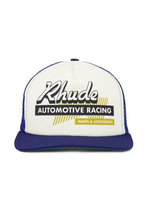 Rhude Auto Racing Trucker Hat in Navy & Ivory - Blue. Size all.