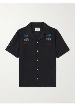 Folk - Damien Poulain Convertible-Collar Embroidered Linen and Cotton-Blend Shirt - Men - Black - 1