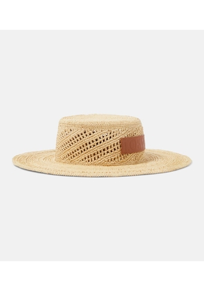 Loewe Logo leather-trimmed raffia boater hat