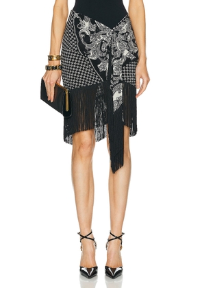 BALMAIN Fringed Paisley Silk Skirt in Noir & Ivoire - Black. Size 34 (also in 36, 38, 40).