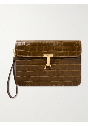 TOM FORD - Glossed Croc-Effect Leather Pouch - Men - Brown