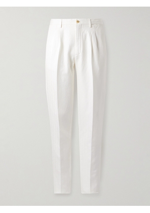 Boglioli - Straight-Leg Pleated Herringbone Cotton and Linen-Blend Suit Trousers - Men - White - IT 46