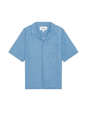 FRAME Chambray Camp Collar Shirt in Midland - Blue. Size M (also in L, S, XL/1X).