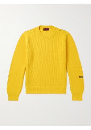 Gucci - Button-Embellished Logo-Intarsia Ribbed Cotton-Blend Sweater - Men - Yellow - S