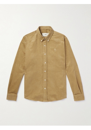 AMI PARIS - Button-Down Collar Logo-Embroidered Cotton-Corduroy Shirt - Men - Neutrals - XS
