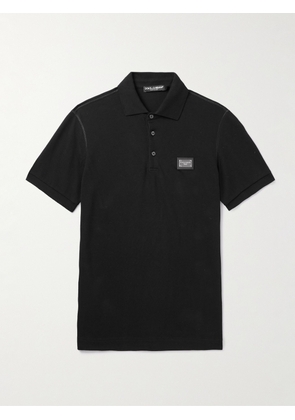 Dolce&Gabbana - Leather-Trimmed Logo-Appliquéd Cotton-Piqué Polo Shirt - Men - Black - IT 44