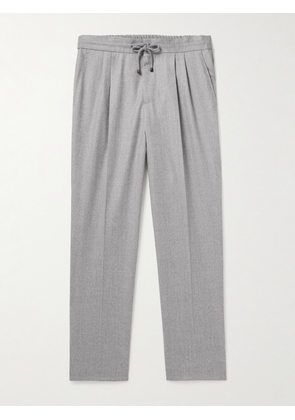 Brunello Cucinelli - Tapered Pleated Virgin Wool-Flannel Drawstring Trousers - Men - Gray - IT 44