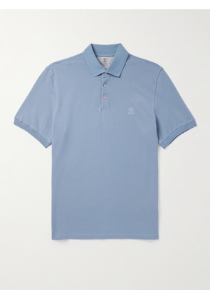 Brunello Cucinelli - Logo-Print Cotton-Piqué Polo Shirt - Men - Blue - XS