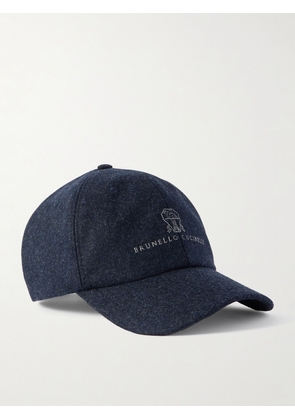 Brunello Cucinelli - Logo-Embroidered Leather-Trimmed Wool-Flannel Baseball Cap - Men - Blue - S
