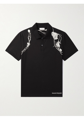 Alexander McQueen - Pressed Flower Harness Embroidered Cotton-Jersey Polo Shirt - Men - Black - S