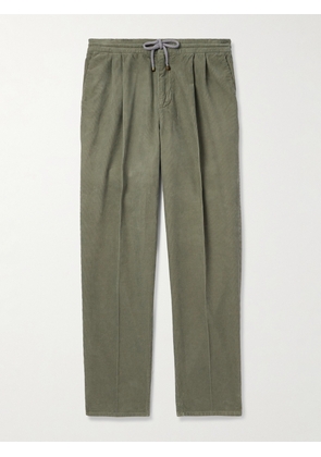 Brunello Cucinelli - Straight-Leg Pleated Cotton-Corduroy Drawstring Trousers - Men - Green - IT 44