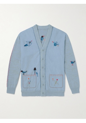 KAPITAL - Magpie Embroidered Chambray-Trimmed Cotton Cardigan - Men - Blue - 1