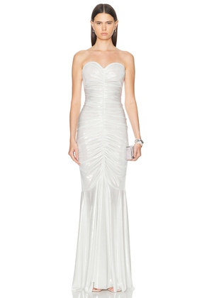 Norma Kamali Strapless Shirred Front Fishtail Gown in Pearl - Metallic Silver. Size L (also in M, S, XS).