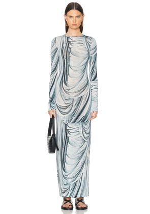 RABANNE Drape Printed Long Sleeve Dress in Drappe Bleu - Blue. Size 34 (also in 36, 38, 40).