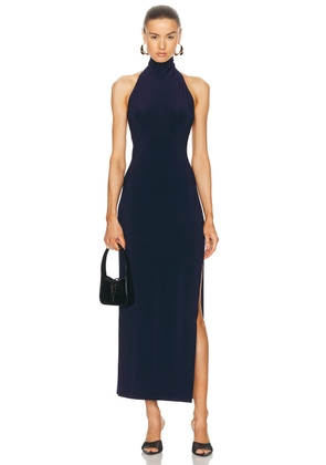 Norma Kamali Halter Turtle Side Slit Gown in True Navy - Navy. Size L (also in M, S, XS).