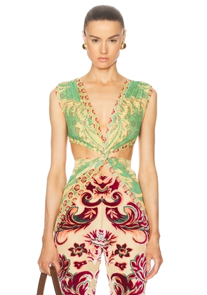 Etro Criss Cross Top in Print On Green Base - Green. Size 42 (also in 38).