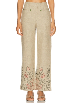 BODE Embroidered Trumpet Flower Murphy Trouser in Tan - Tan. Size 26 (also in 27, 28, 30).