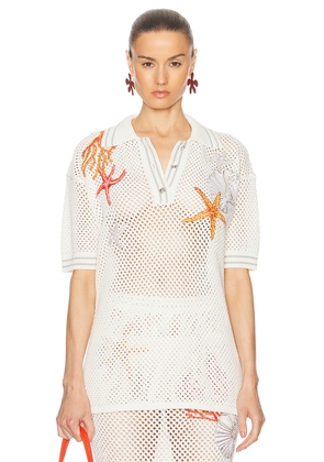 VERSACE Embroidered Polo Top in Ivory - Ivory. Size 36 (also in 38, 40, 42).