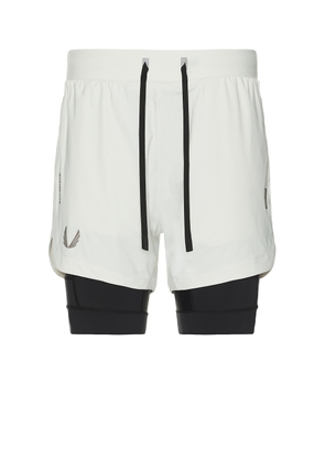 ASRV Tetra Lite 7 Liner Short in Stone & Wings Black - White. Size L (also in M, S, XL/1X).