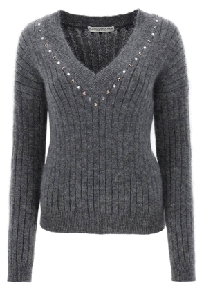 Alessandra Rich Wool Knit Sweater With Studs And Crystals