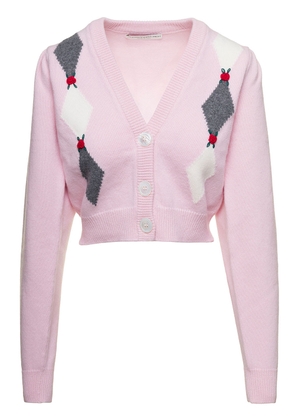 Alessandra Rich Pink Cardigan With Diamond Motif And Embroidered Rose Detail In Wool Woman