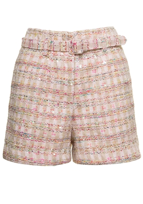 Self-Portrait Pink Shorts With Matching Belt And Paillettes In Tweed Woman