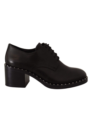 ASH Black Leather Block Mid Heels Lace Up Studs Shoes - EU37/US6.5