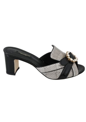 Black Gray Exotic Leather Crystals Sandals Shoes - EU37/US6.5