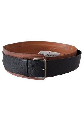 Costume National Black Brown Leather Wide Silver Buckle Belt - 85 cm / 34 Inches