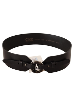 Costume National Black Leather Silver Round Buckle Belt - 85 cm / 34 Inches