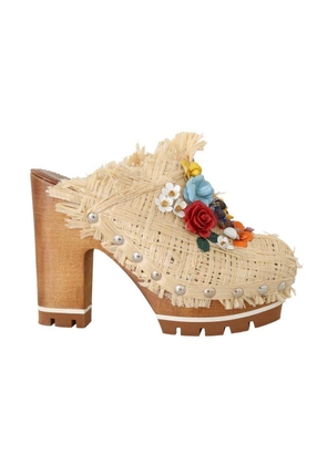 Dolce & Gabbana  Beige Raffia Mules Floral Slides - EU39/US8.5