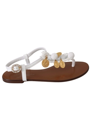 Dolce & Gabbana  White Leather Coins Flip Flops Sandals Shoes - EU35/US4.5