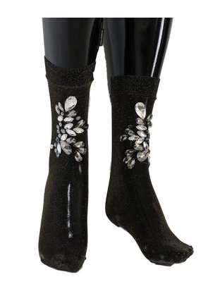 Dolce & Gabbana Black Stretch Floral Clear Crystal Socks - M