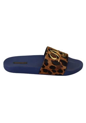Dolce & Gabbana Blue Brown Leopard Logo Rubber Slides Slippers Shoes - EU44/US11
