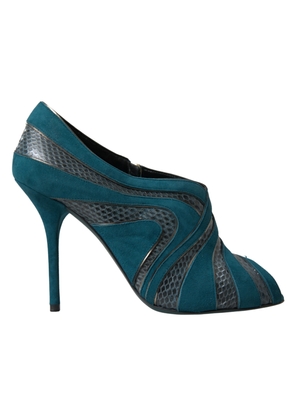 Dolce & Gabbana Blue Teal Snakeskin Peep Toe Ankle Booties Shoes - EU38.5/US8