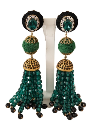 Dolce & Gabbana Green Crystals Gold Tone Drop Clip-on Dangle Earrings