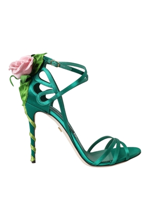 Dolce & Gabbana Green Flower Satin Heels Sandals Shoes - EU39/US8.5